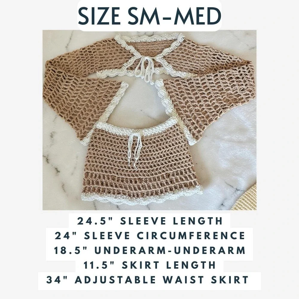 Handmade Crochet Festival Set,‎ Bell Sleeve Front Tie Shrug & Mini Skirt, Taupe